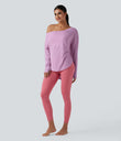 One Shoulder Long Sleeve Thumb Hole Curved Hem High Low Quick Dry Yoga Sports Top-Built-in Bra - Orchid Bouquet