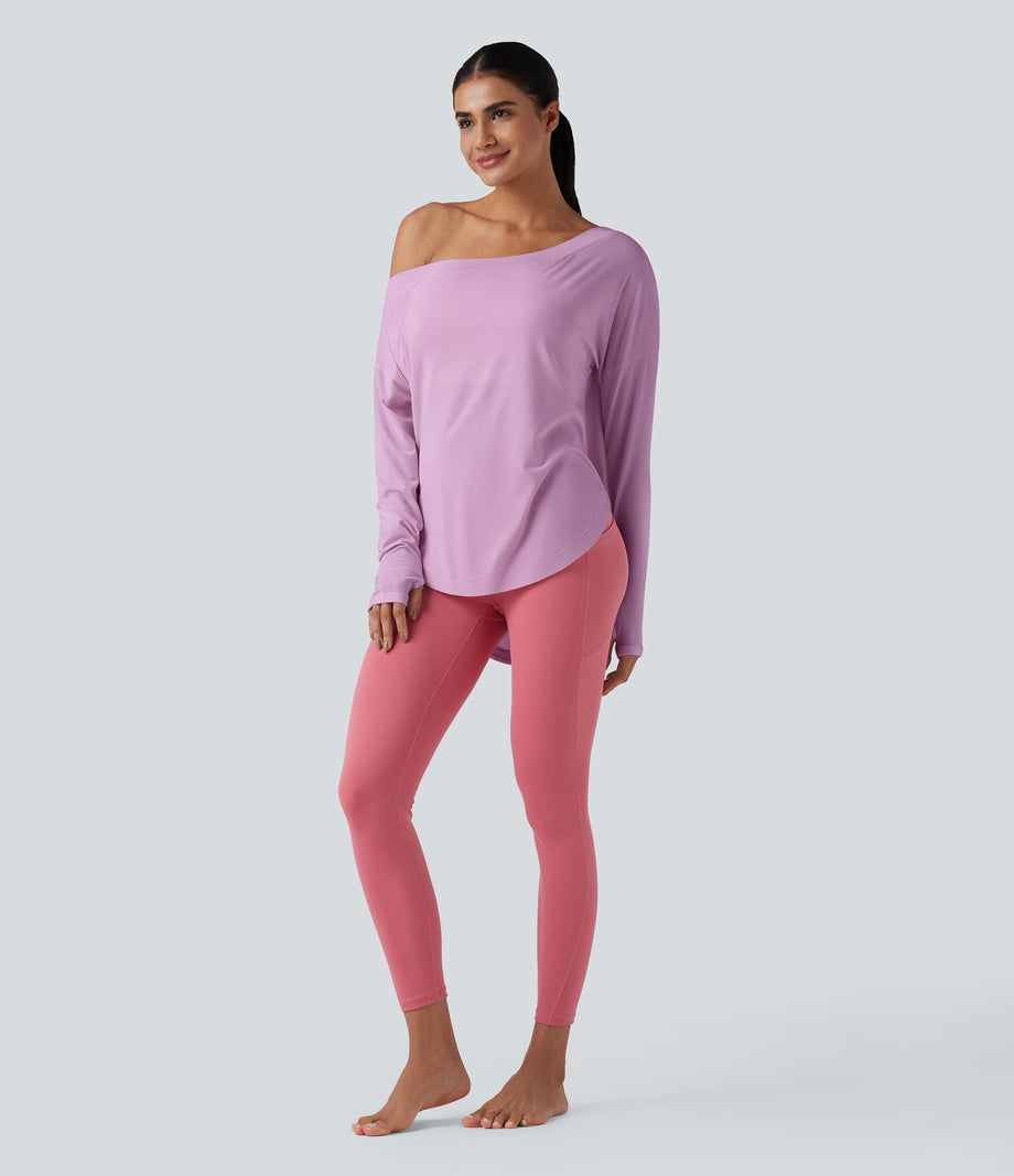 One Shoulder Long Sleeve Thumb Hole Curved Hem High Low Quick Dry Yoga Sports Top-Built-in Bra - Orchid Bouquet