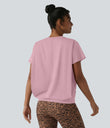 Round Neck Short Sleeve Ruched Cool Touch Yoga Sports Top-UPF50+ - Pink Nectar