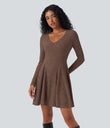 Ribbed Knit V Neck Long Sleeve Flare Mini Casual Dress with Pockets - Earthy Brown Floral Yarn