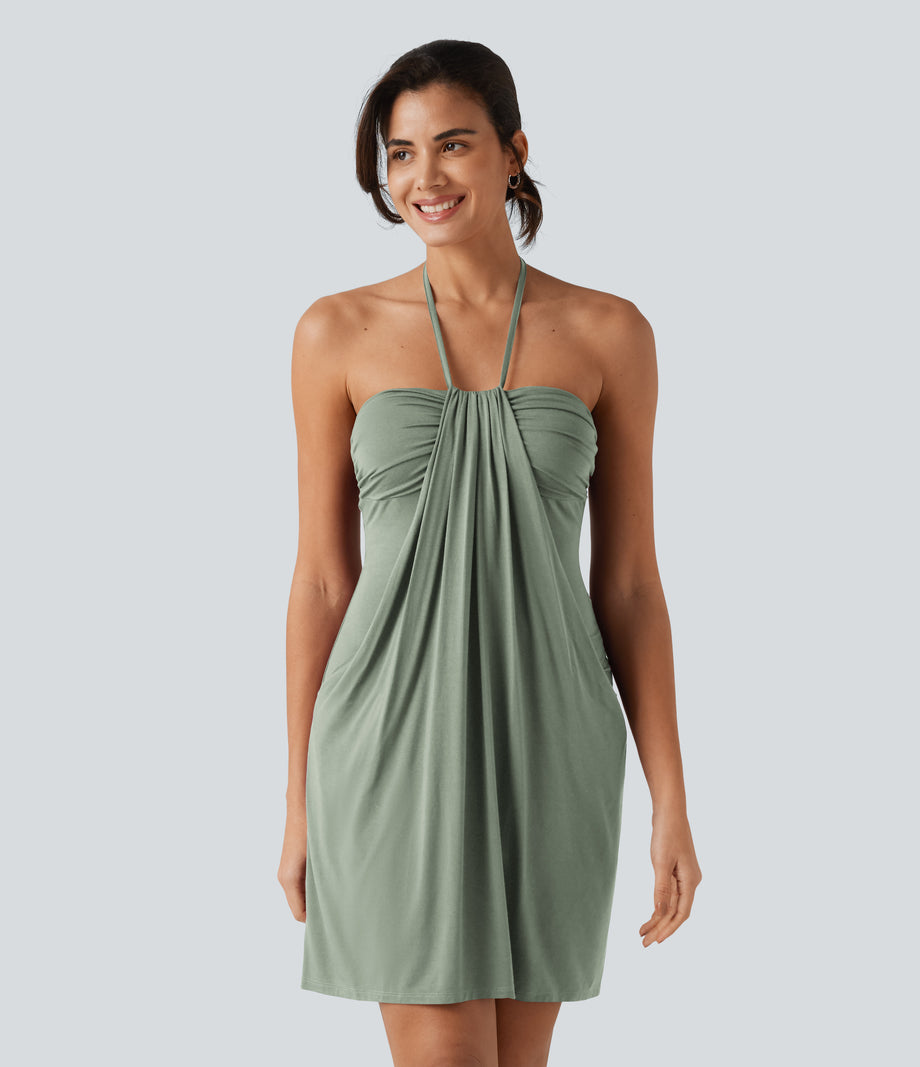 Halter Tie Back Mini Resort Dress with Pockets - Pale Aqua