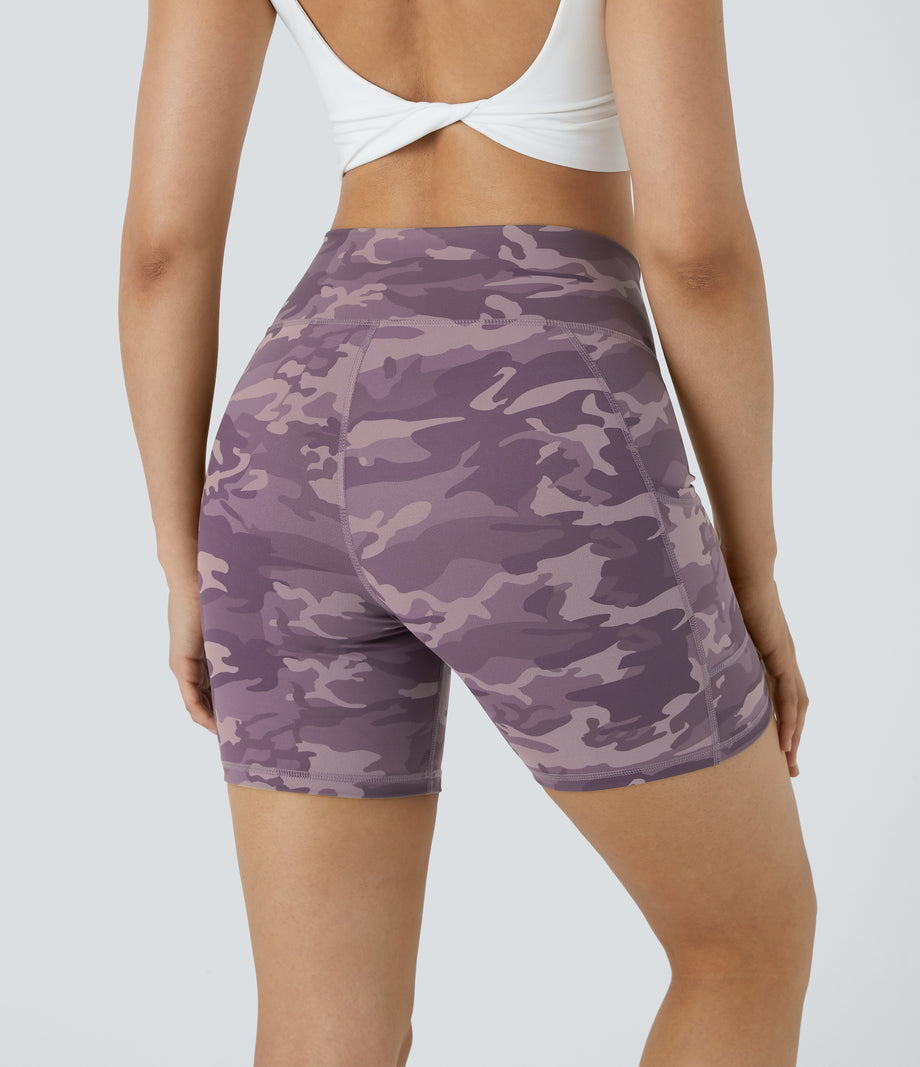 High Waisted Pocket Running Biker Shorts - Fuchsia Camouflage