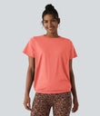 Round Neck Short Sleeve Ruched Cool Touch Yoga Sports Top-UPF50+ - Fusion Coral
