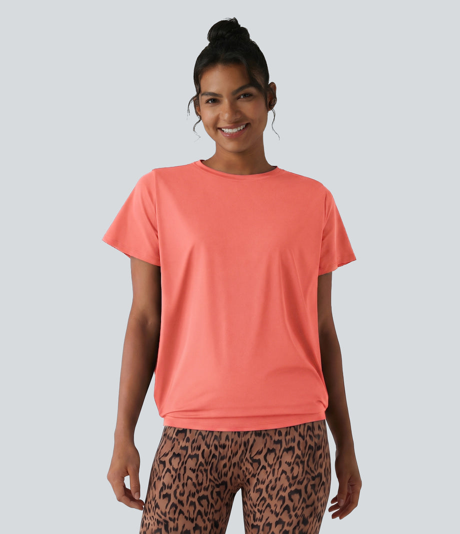 Round Neck Short Sleeve Ruched Cool Touch Yoga Sports Top-UPF50+ - Fusion Coral