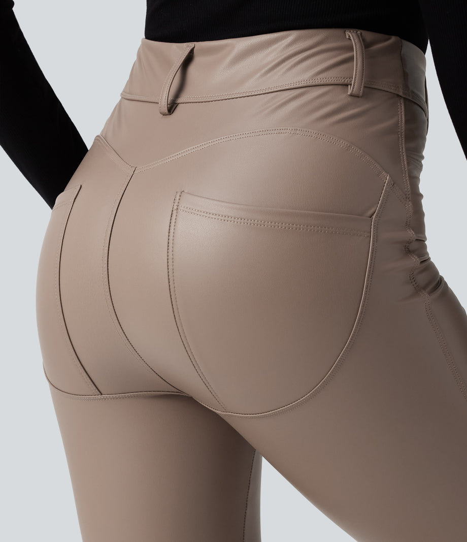 High Waisted Stretchy PU Fleece Casual Leggings with Pockets - Sinopia Fresco