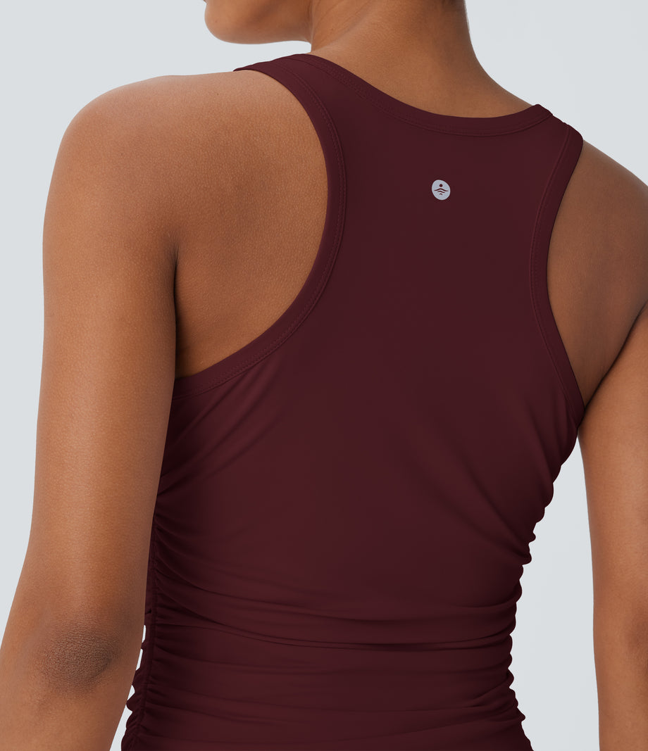 Round Neck Racerback Ruched Yoga Tank Top - Zinfandel