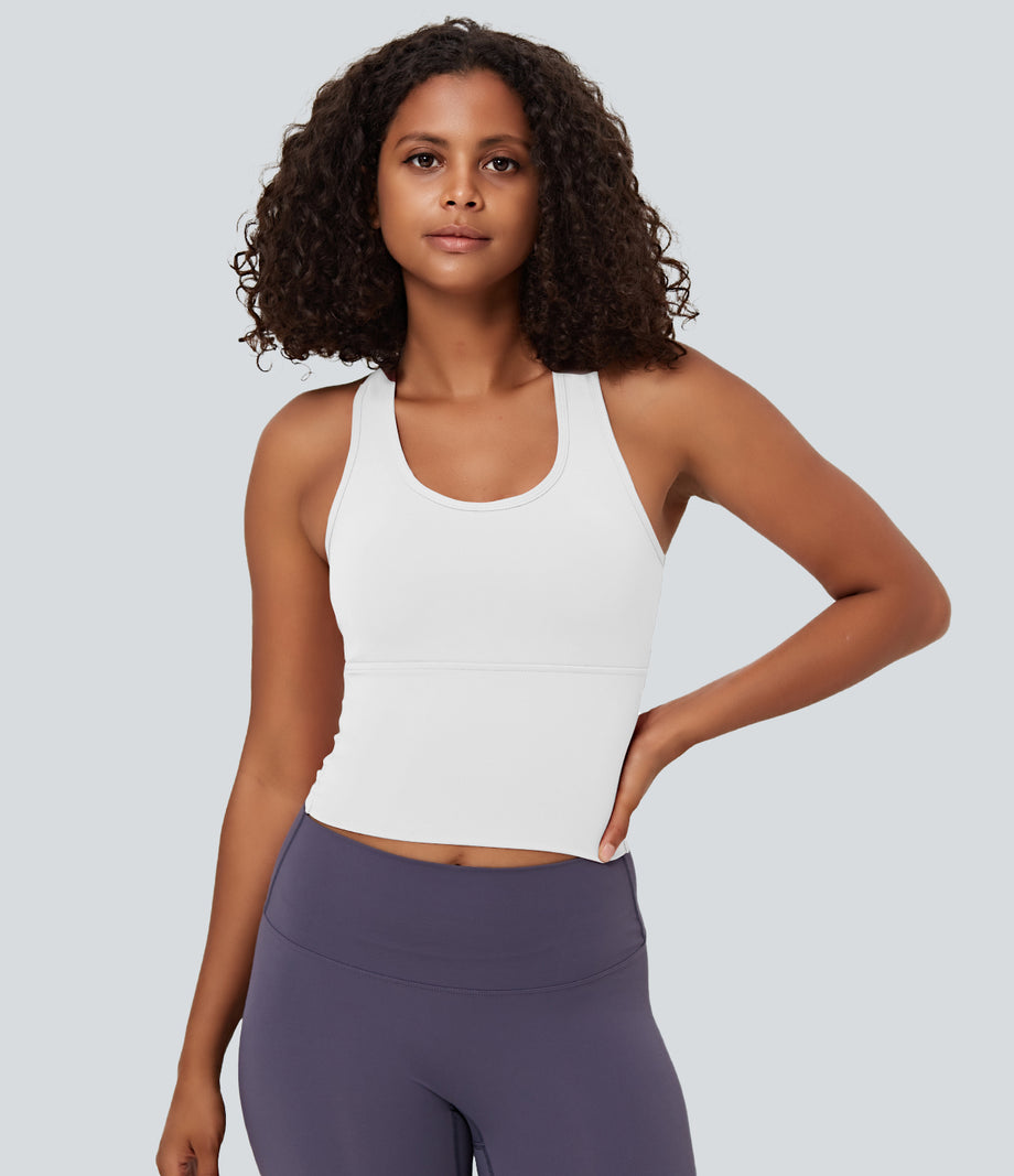 SoftlyZero™ Plush U Neck Racerback Cut Out Cropped Yoga Tank Top - White