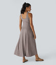 U Neck Flowy Maxi Casual Tank Dress - Deep Tea Brown Floral Yarn