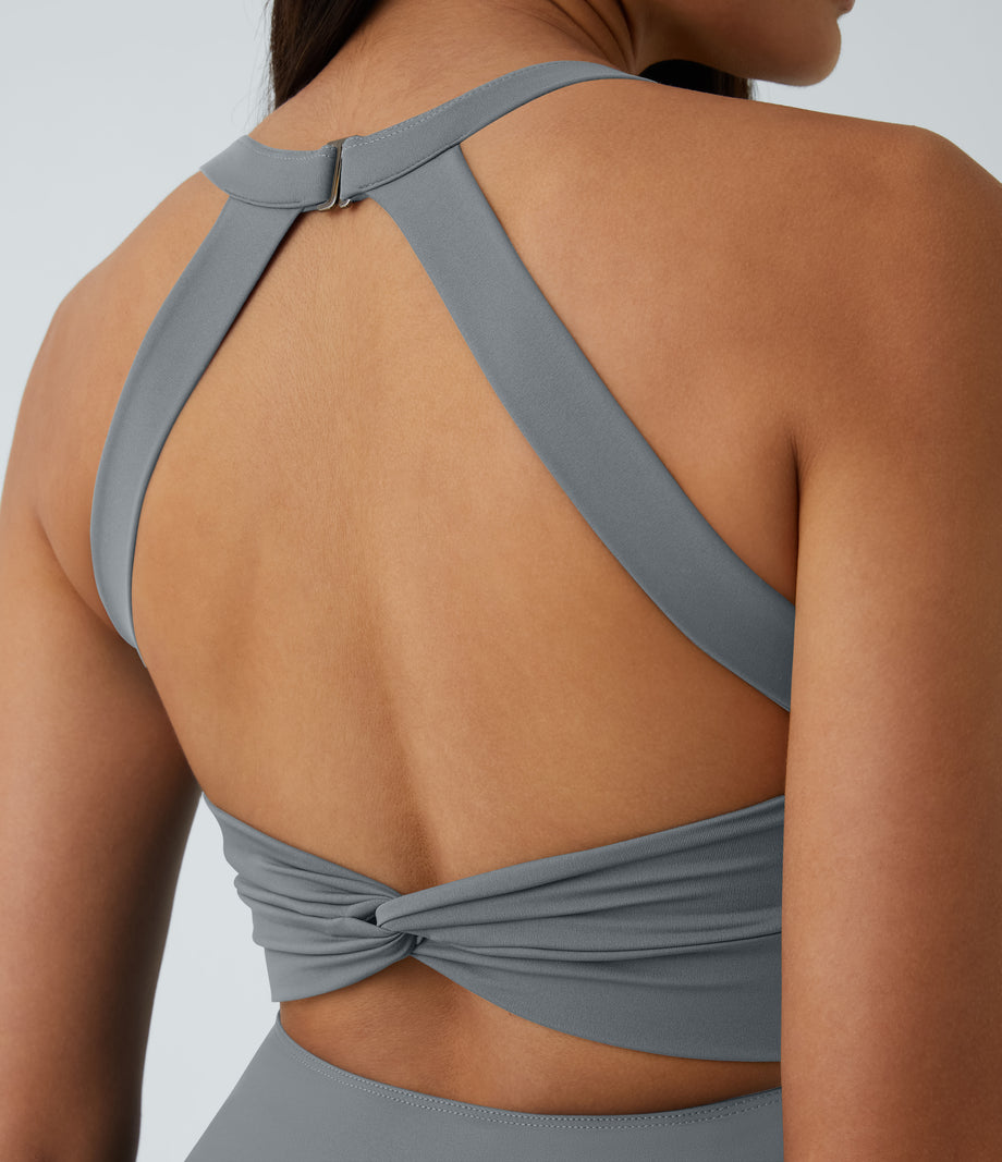 SoftlyZero™ Airy Backless Twisted Flare Low Support Dance Active Dress-Longer Length-Easy Peezy Edition A-D Cups - Quarry
