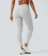 High Waisted Drawstring Striped Yoga Leggings with Pockets - Zebra Ripple