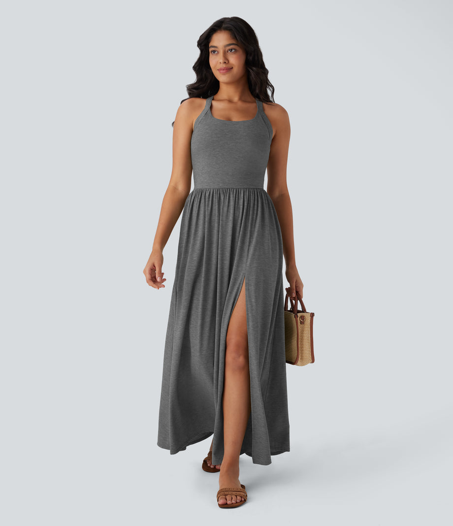 Twisted Backless Split Flowy Maxi Resort Dress with Pockets - Darl Gray Floral Yarn