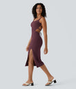 Ruched Lace Up Bodycon Midi Casual Dress - Fig