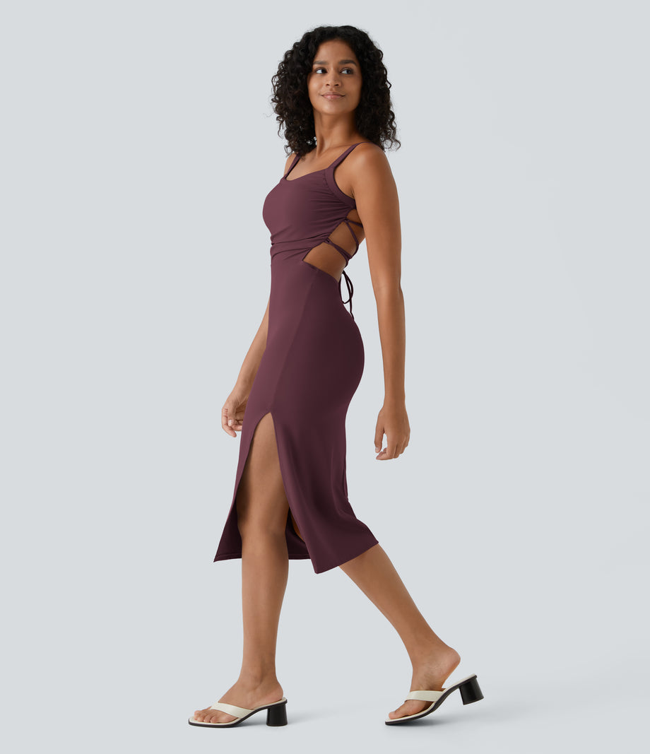 Ruched Lace Up Bodycon Midi Casual Dress - Fig