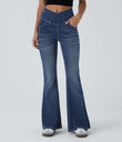Halara Flex™ High Waisted Crossover Pocket Washed Casual Flare Jeans - Royal Blue Denim