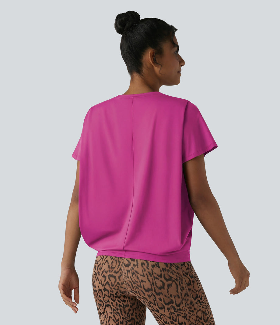 Round Neck Short Sleeve Ruched Cool Touch Yoga Sports Top-UPF50+ - Fuchsia Fedora