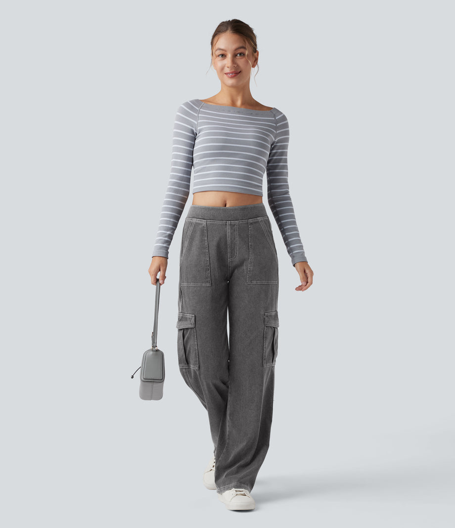 Halara Flex™ Mid Rise Pockets Straight Leg Casual Cargo Jeans - Cool Gray Denim