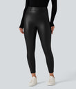 High Waisted Stretchy PU Fleece Casual Leggings with Pockets - Black