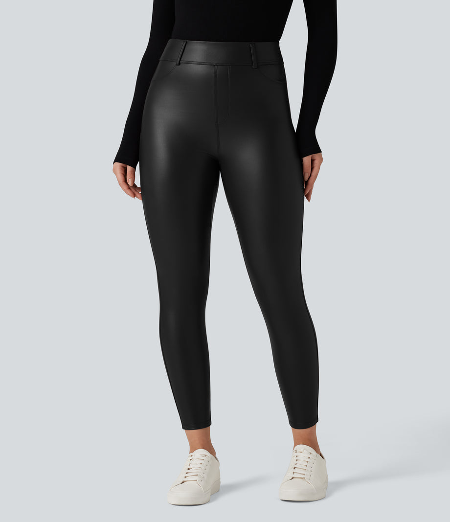 High Waisted Stretchy PU Fleece Casual Leggings with Pockets - Black