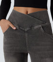 Halara Flex™ High Waisted Crossover Pocket Washed Casual Flare Jeans - Charcoal Black Denim