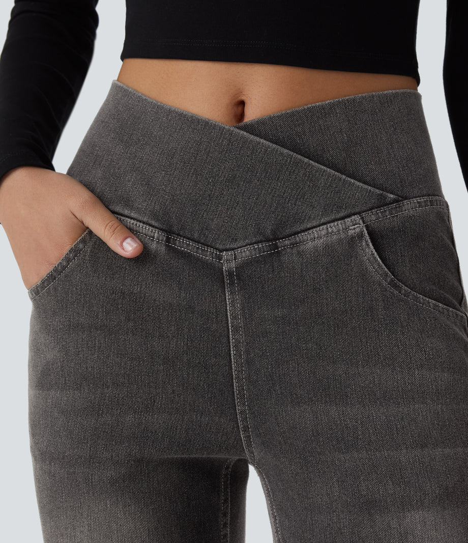 Halara Flex™ High Waisted Crossover Pocket Washed Casual Flare Jeans - Charcoal Black Denim
