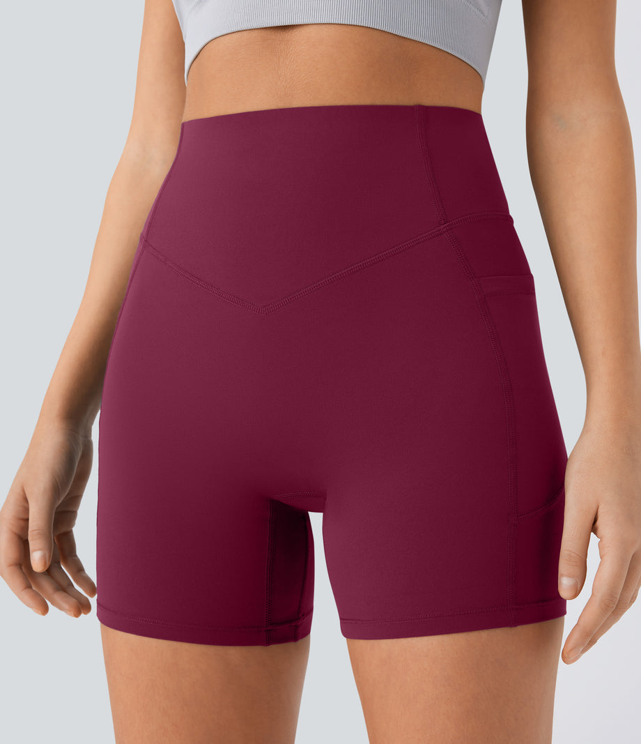 Halara UltraSculpt™ High Waisted Scrunch Butt Lifting Tummy Control Pocket Shaping Workout Biker Shorts 5'' - Red Plum
