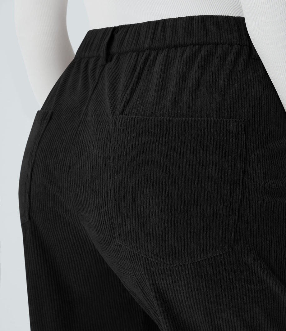 Mid Rise Zipper Pockets Corduroy Casual Joggers - Black