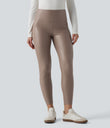 High Waisted Tummy Control Stretchy PU Fleece 7/8 Skinny Casual Leggings with Pockets - Sinopia Fresco