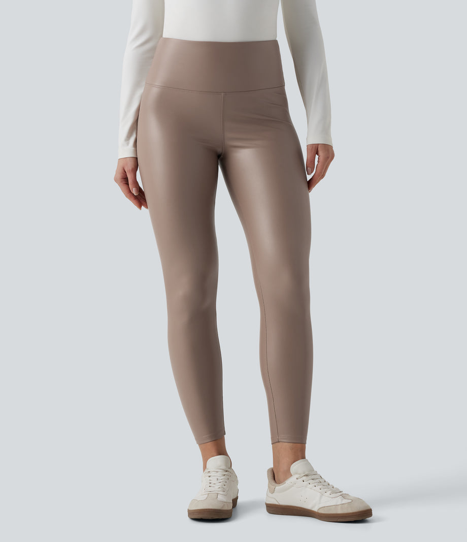 High Waisted Tummy Control Stretchy PU Fleece 7/8 Skinny Casual Leggings with Pockets - Sinopia Fresco
