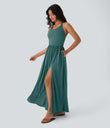 Twisted Backless Split Flowy Maxi Resort Dress with Pockets - Jade Green Floral Yarn
