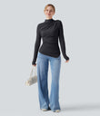 Mock-neck Long Sleeve Ruched Asymmetric Hem Thermal Casual Top - Charcoal Art