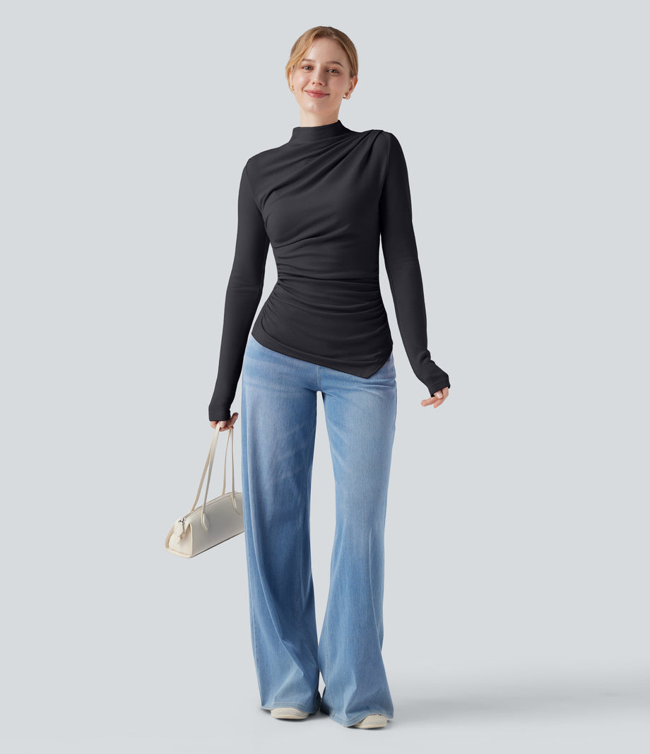 Mock-neck Long Sleeve Ruched Asymmetric Hem Thermal Casual Top - Charcoal Art
