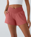 Breezeful™ High Waisted Crossover Pocket 2-in-1 Quick Dry Yoga Shorts 4" - Kapok Red