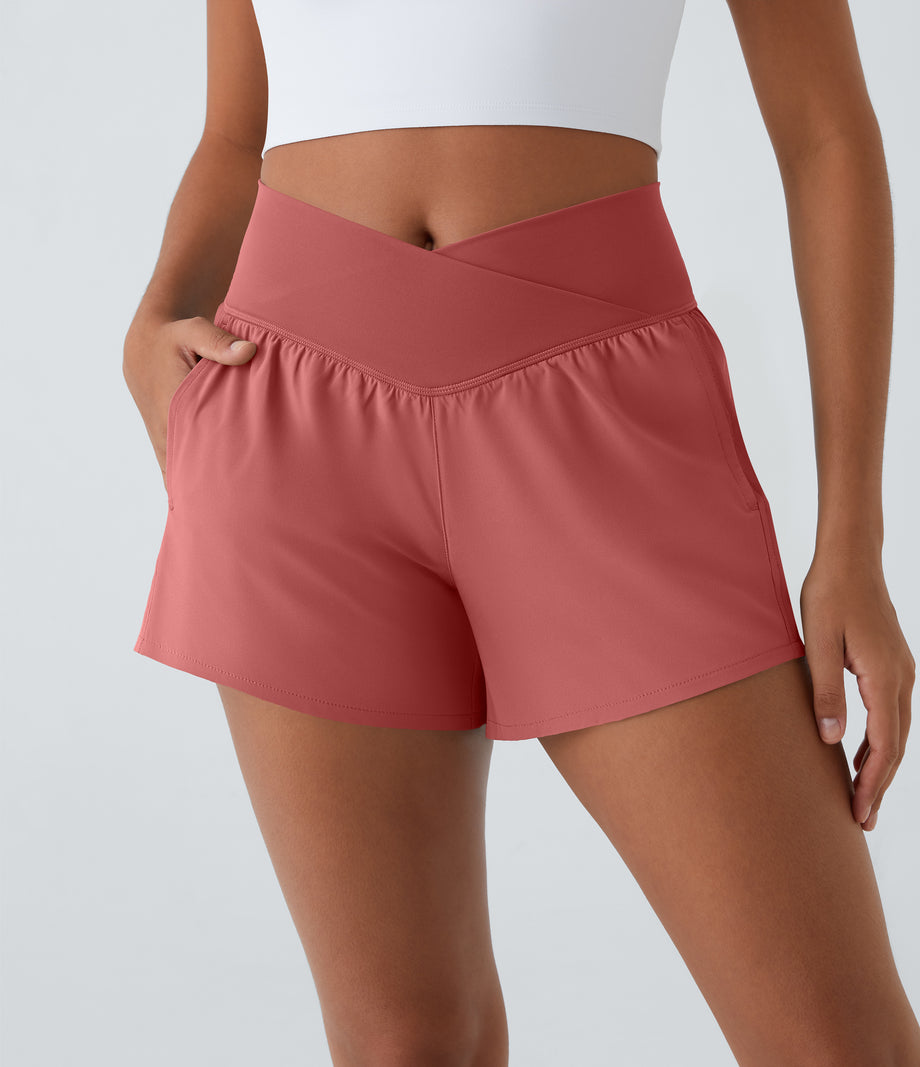 Breezeful™ High Waisted Crossover Pocket 2-in-1 Quick Dry Yoga Shorts 4" - Kapok Red