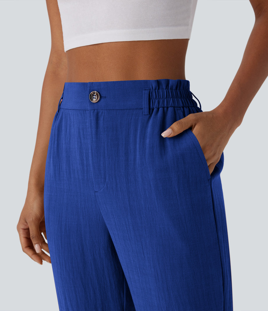 High Waisted Zipper Pocket Cropped Linen-Feel Pants - Surf the Web