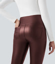 High Waisted Tummy Control Stretchy PU Fleece 7/8 Skinny Casual Leggings with Pockets - Andorra