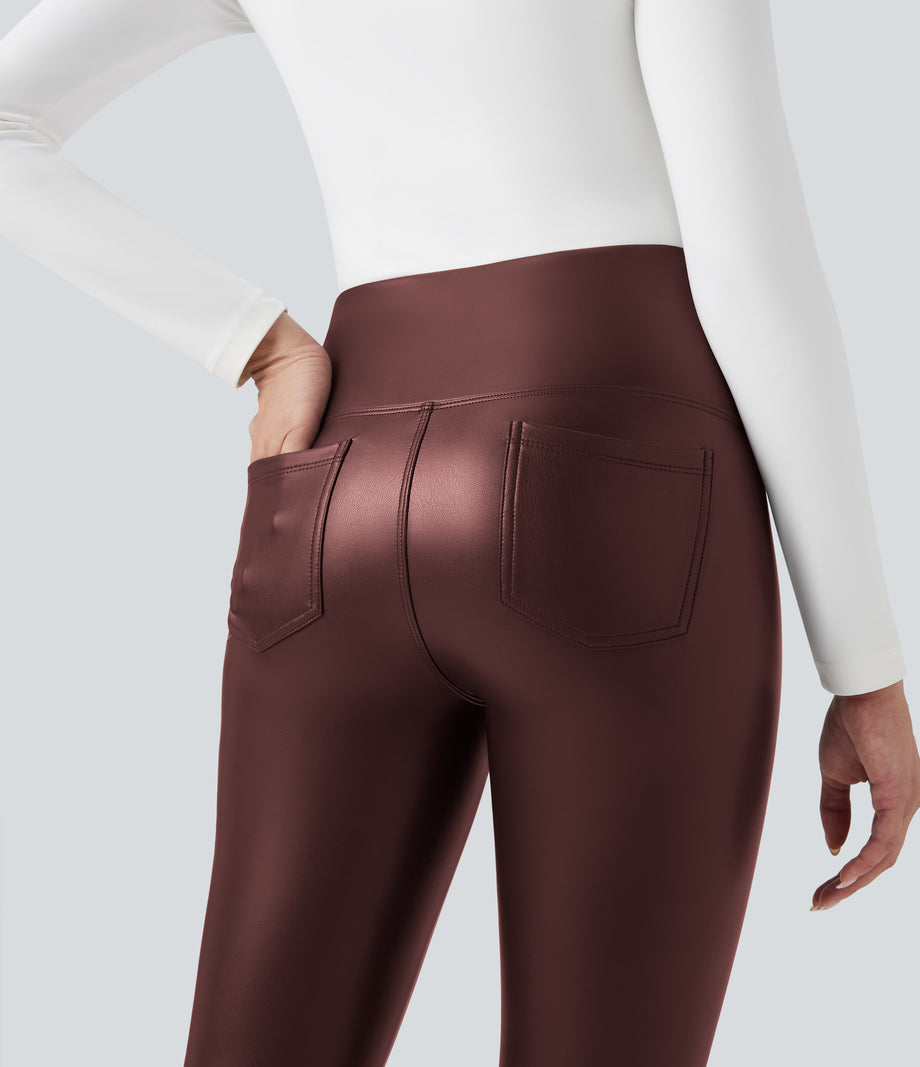 High Waisted Tummy Control Stretchy PU Fleece 7/8 Skinny Casual Leggings with Pockets - Andorra