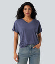 V-neck Short Sleeve Ruched Relaxed Casual Top - Gray Blue