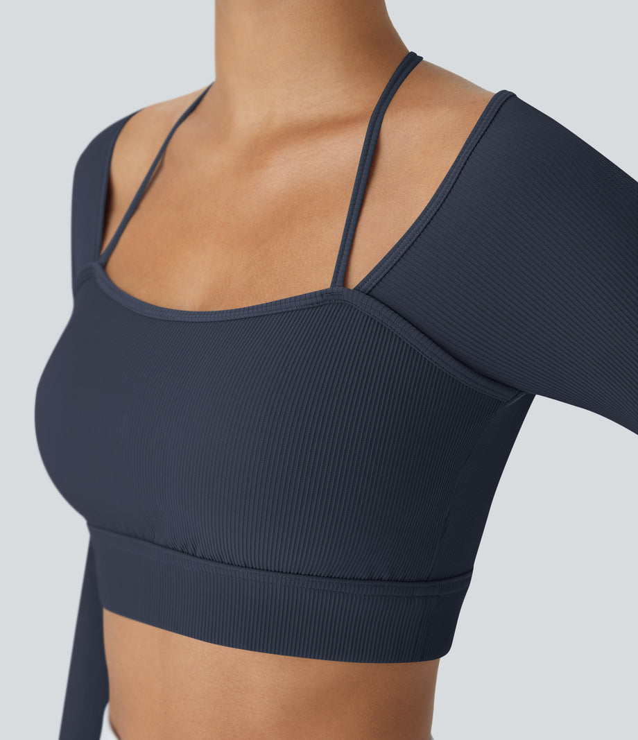 Ribbed Halter Strap Thumb Hole Cropped Yoga Sports Top - Navy Blazer