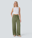 High Waisted Drawstring Pocket Wide Leg Baggy Casual Linen-Feel Pants - Loden Green