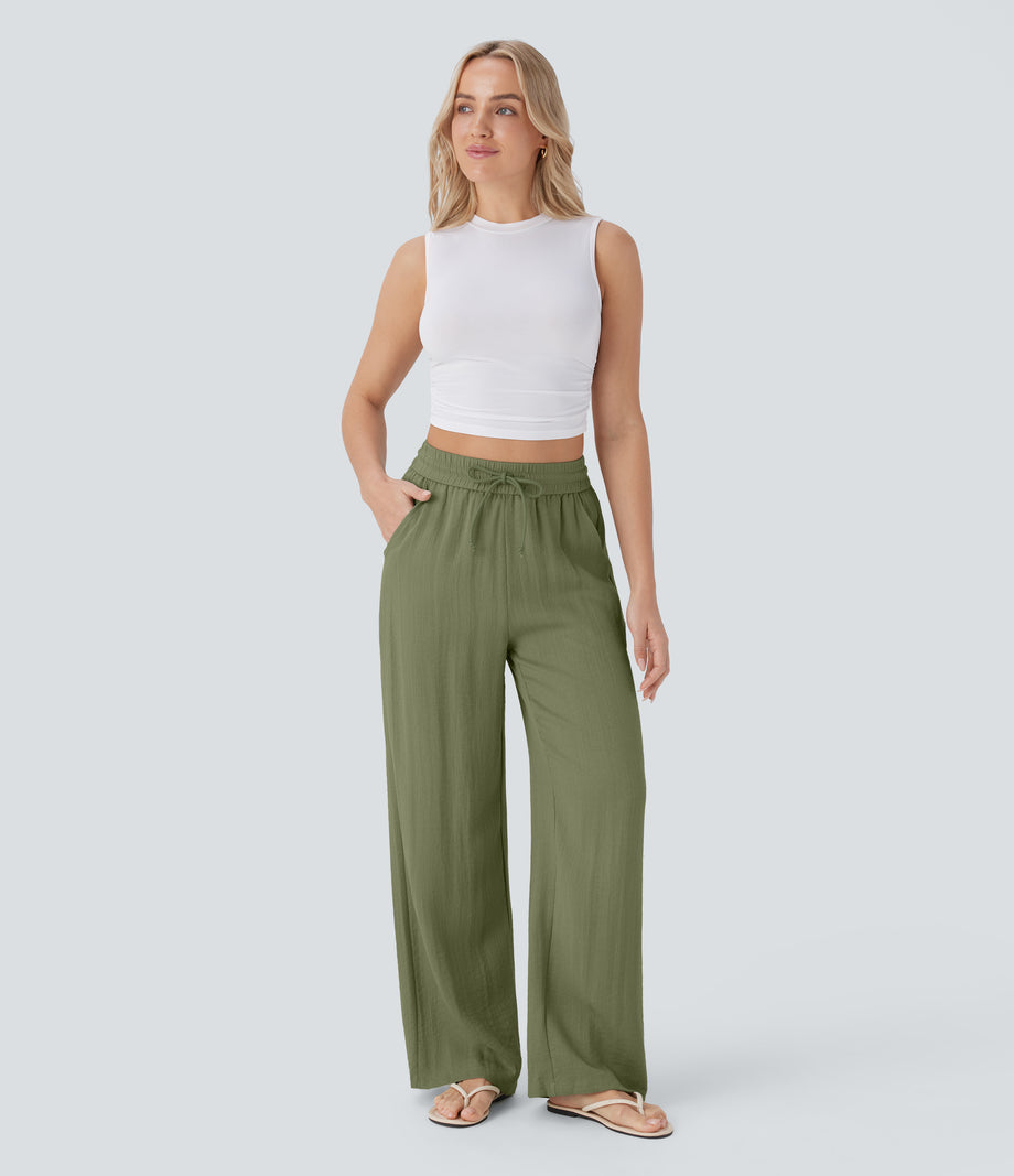 High Waisted Drawstring Pocket Wide Leg Baggy Casual Linen-Feel Pants - Loden Green