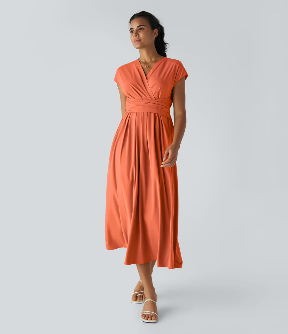 Breezeful™ V Neck Short Sleeve Pocket Tie Back Quick Dry Midi Casual Dress-Longer Length - Flamingo