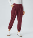 Mid Rise Zipper Pockets Corduroy Casual Joggers - Pomegranate