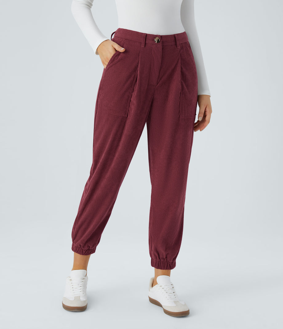 Mid Rise Zipper Pockets Corduroy Casual Joggers - Pomegranate