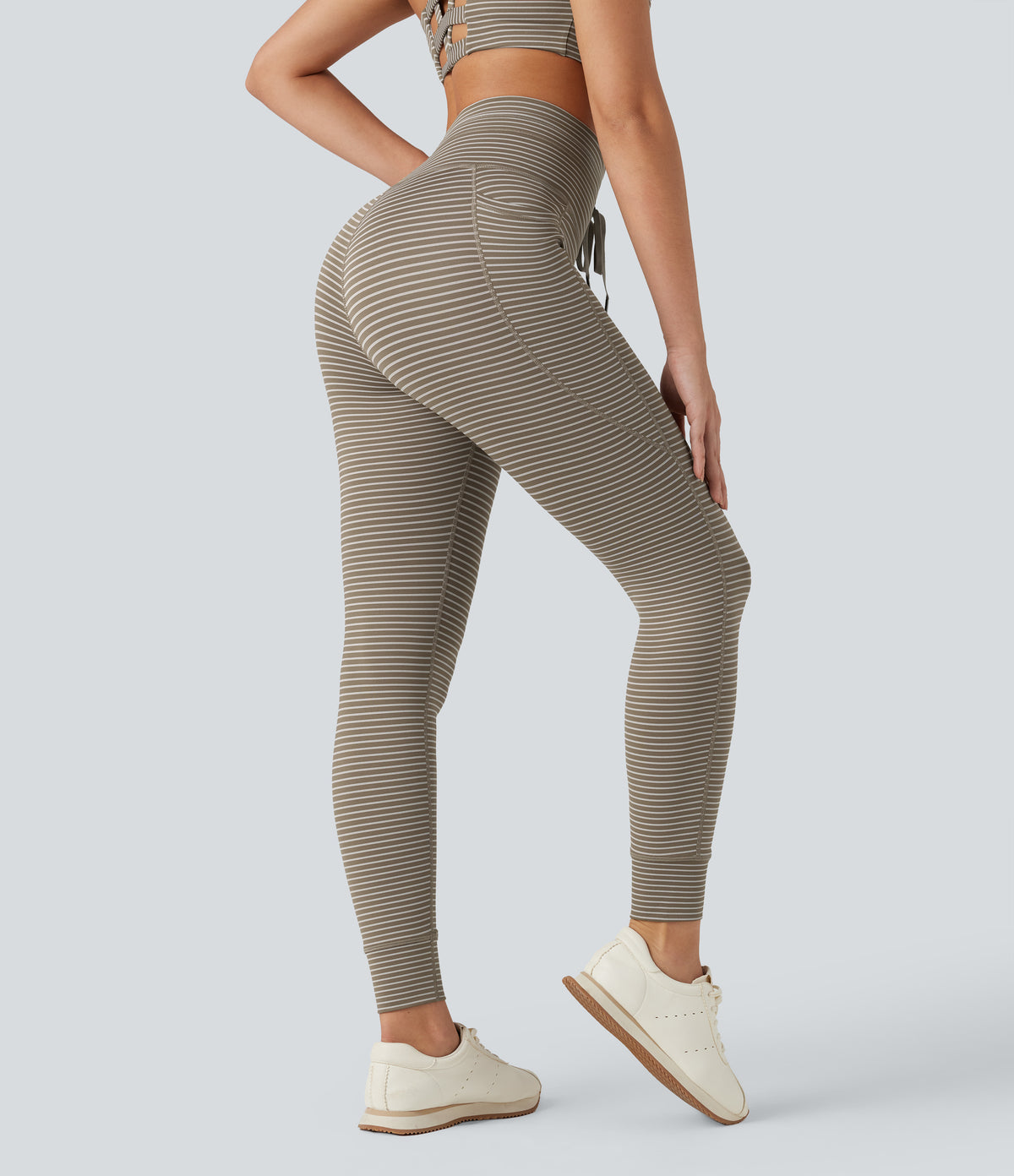 High Waisted Drawstring Striped Yoga Leggings with Pockets - Sandstone Beige
