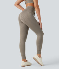 High Waisted Drawstring Striped Yoga Leggings with Pockets - Sandstone Beige