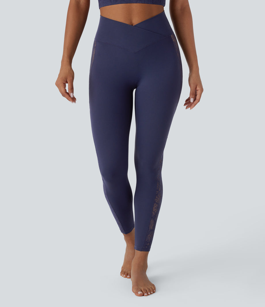 SoftlyZero™ High Waisted Crossover Contrast Lace Pocket Yoga Leggings-UPF50+ - Peacoat