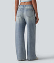 Mid Rise Denim Print French Terry Casual Sweatpants Jeans with Pockets - Soft Breeze Blue