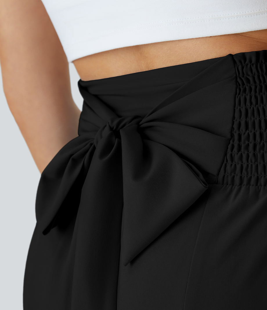 Breezeful™ High Waisted Shirred Tie Front & Back Wide Leg Flowy Quick Dry Casual Pants - Black
