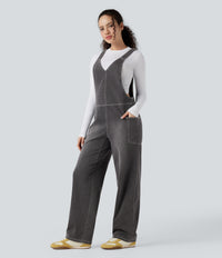 Halara Flex™ V Neck Pocket Washed Denim Casual Overalls - Cool Gray Denim