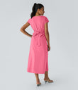 Breezeful™ V Neck Short Sleeve Pocket Tie Back Quick Dry Midi Casual Dress-Longer Length - Pink Lemonade